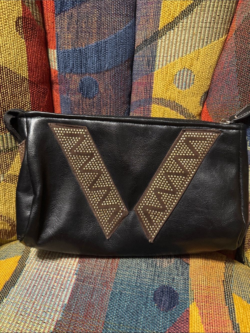 Black Studded V Accent Leather Sag Harbor Clutch
